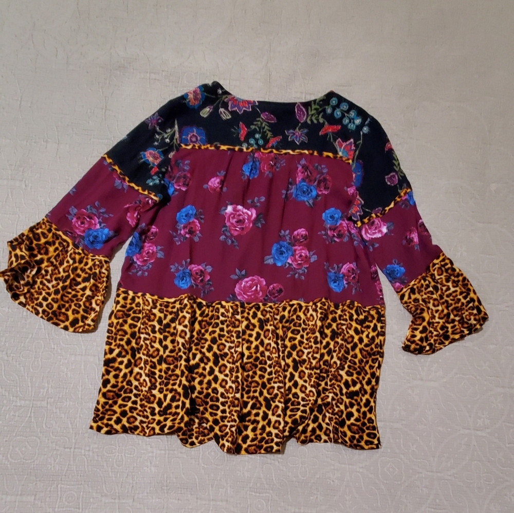 Calessa Mixed Floral and Leopard Print Peplum Top - Multicolor - Picture 2 of 12